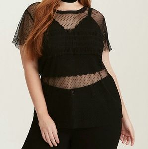 Dotted Mesh Ruffle Front Tee